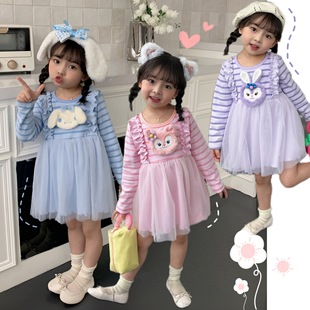 2024女童新款 条纹加厚连衣裙网纱裙公主裙卡通保暖 立体公仔