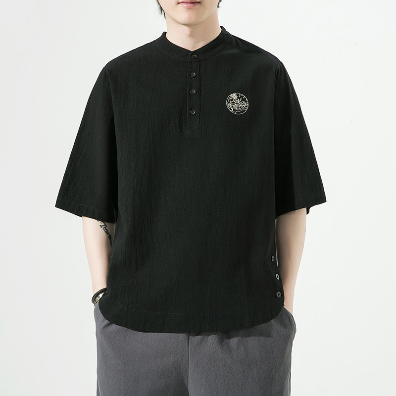 夏季风纯色休闲宽松大码绣花短袖ST011-P55-黑,男装T恤,电商A011-1（原4007）