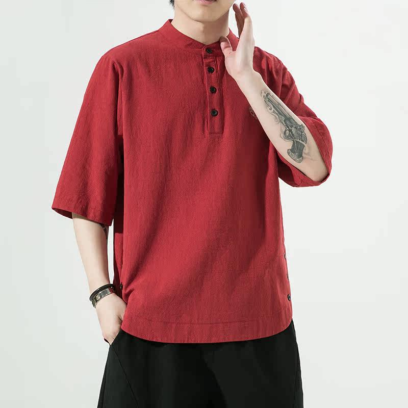 夏季风纯色休闲宽松大码绣花短袖ST011-P55-红,男装T恤,电商A011-1（原4007）