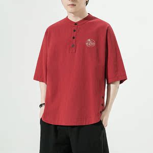 夏季风纯色休闲宽松大码绣花短袖ST011-P55-红