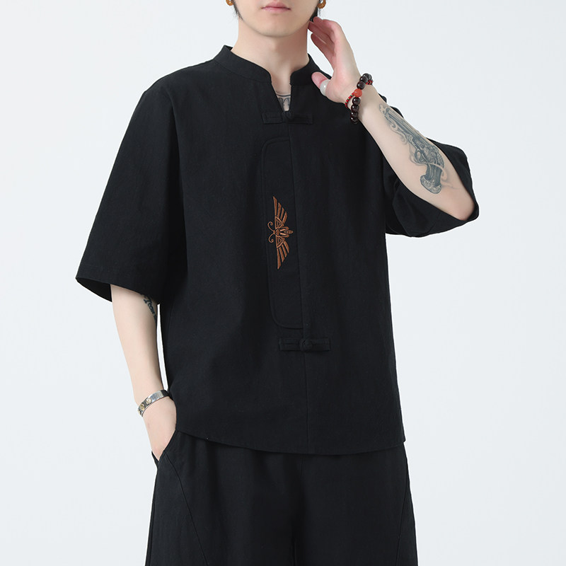 新款风男装刺绣宽松大码短袖-DSA011-1-ST035-P55-黑,男装T恤,电商A011-1（原4007）