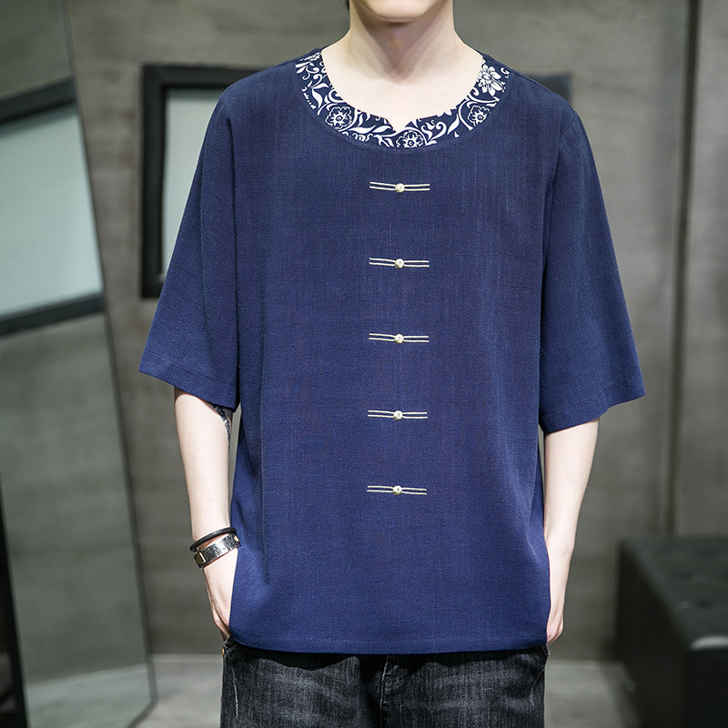 风新款夏装宽松大码棉麻刺绣短袖ST015-P60-藏青，男装T恤，电商A011-1（原4007）