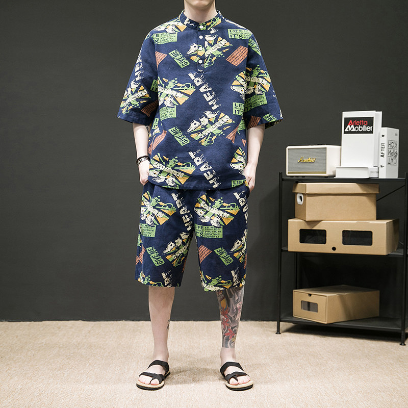 2025夏季潮流印花宽松大码男士套装-TZ021-P80藏青,男装休闲套装,电商A011-1（原4007）