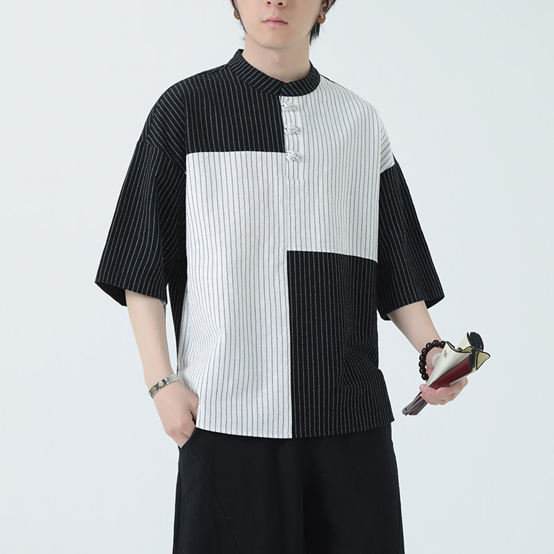 春夏风男装拼色亚麻宽松大码短袖A011-1-ST033-P55黑色,男装T恤,电商A011-1（原4007）
