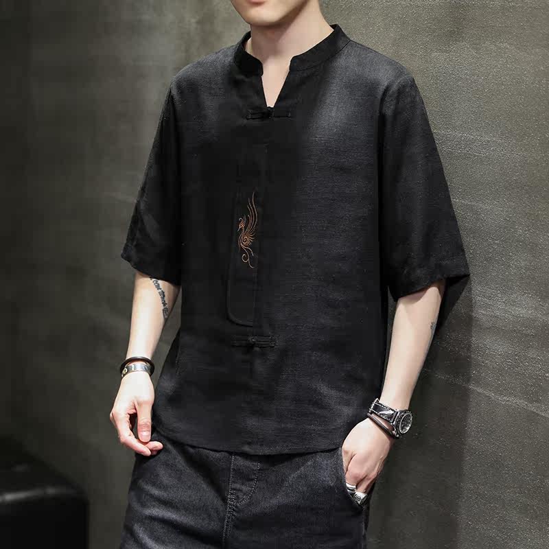 风亚麻纯色绣花休闲宽松大码短袖ST009-P60-黑,男装T恤,电商A011-1（原4007）