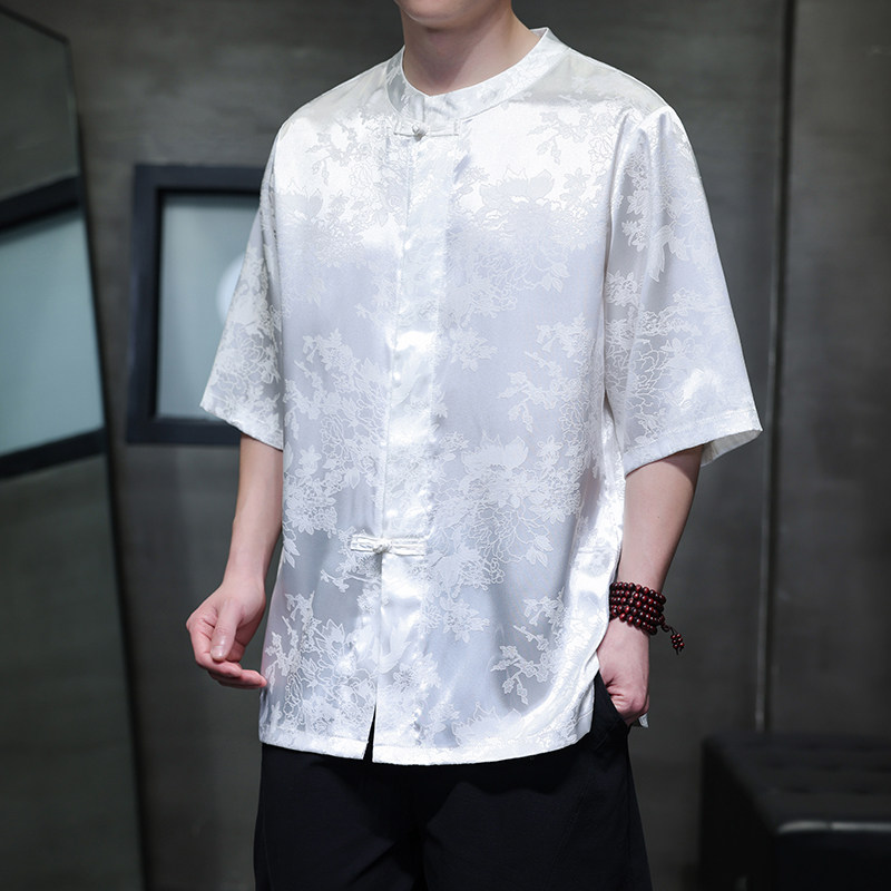 新款风宽松大码暗扣提花潮夏季T恤ST052-P58-白色,男装T恤,电商A011-1（原4007）