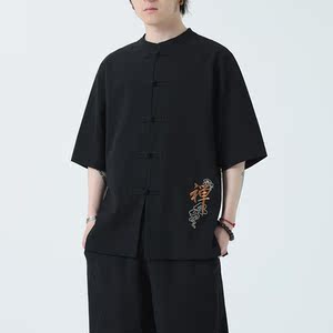 春夏风男装宽松大码盘扣纯色短袖-A011-1-ST010-P58-黑图片