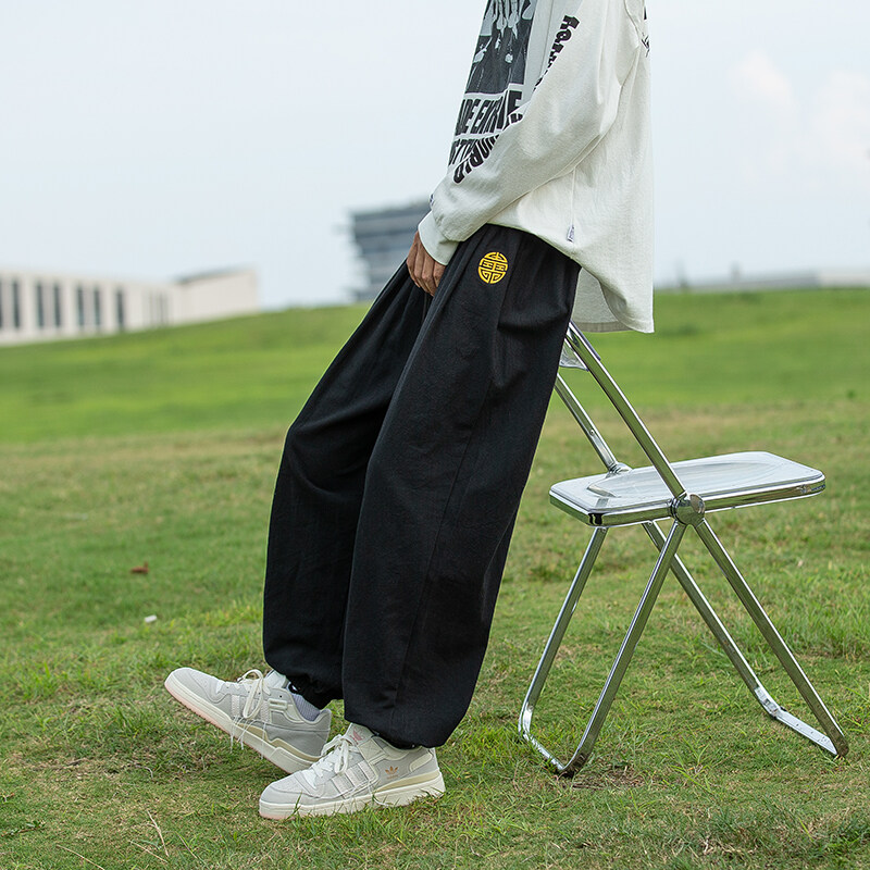 风大码男裤绣花宽松时尚休闲裤刺绣束脚裤棉麻九分裤H01-P55,男装休闲裤,电商A011-1（原4007）