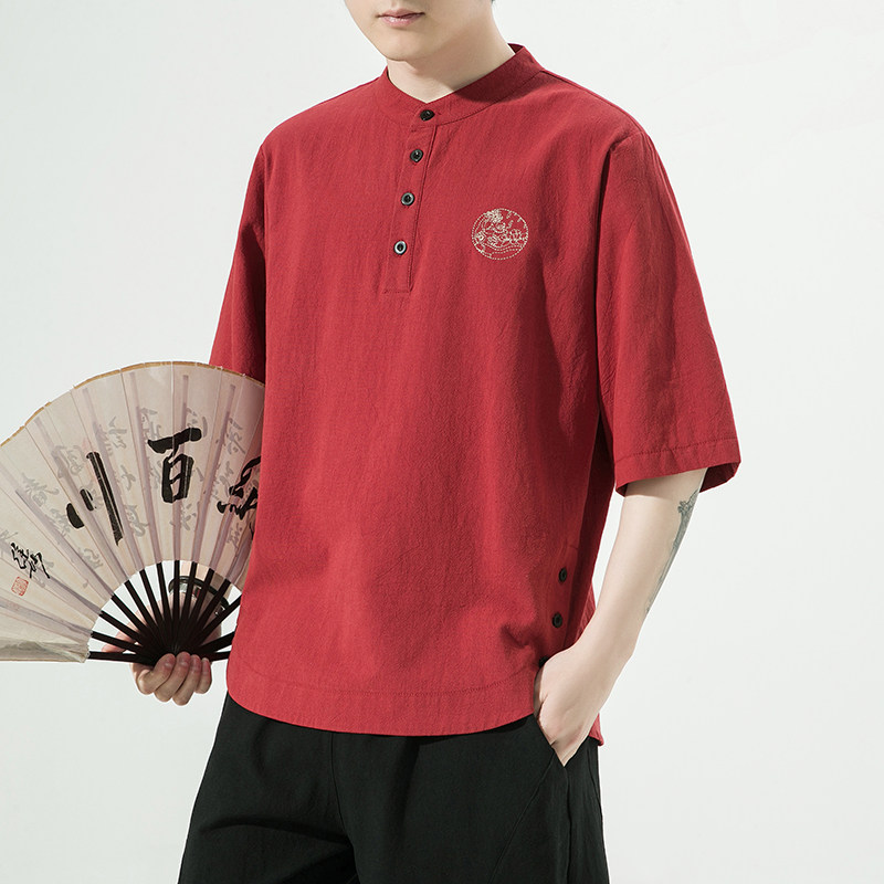 夏季风纯色休闲宽松大码绣花短袖ST011-P55-红,男装T恤,电商A011-1（原4007）