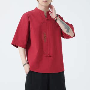 新款风男装刺绣宽松大码短袖-DSA011-1-ST035-P55-红图片