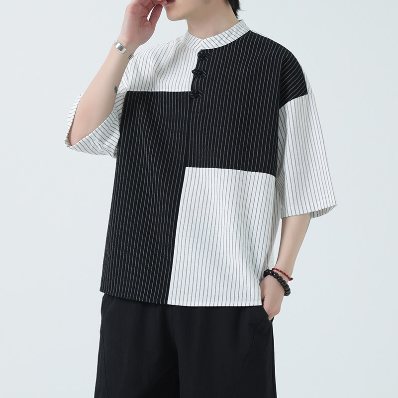 春夏风男装拼色亚麻宽松大码短袖DSA011-1-ST033-P55-白图片