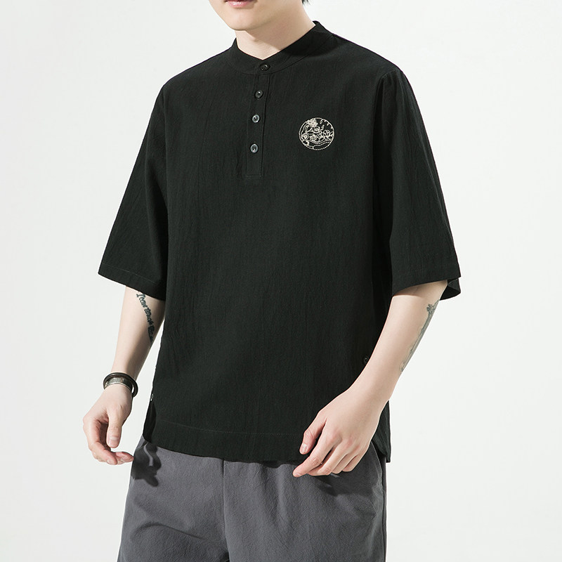 夏季风纯色休闲宽松大码绣花短袖ST011-P55-黑,男装T恤,电商A011-1（原4007）