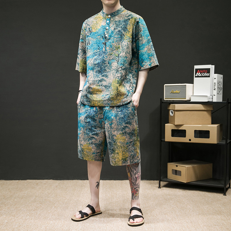 夏季潮流印花宽松大码男士套装-TZ021-P80-绿色,男装休闲套装,电商A011-1（原4007）