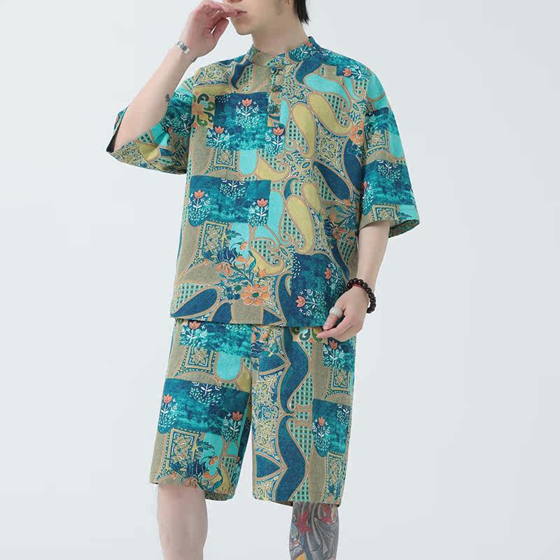 风男装印花宽松大码男士套装-A011-1-TZ036-P80-绿色,男装休闲套装,电商A011-1（原4007）