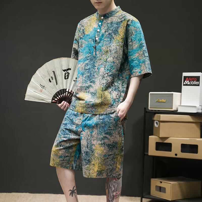 夏季潮流印花宽松大码男士套装-TZ021-P80-绿色,男装休闲套装,电商A011-1（原4007）