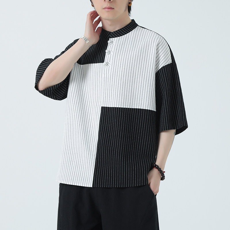 春夏风男装拼色亚麻宽松大码短袖A011-1-ST033-P55黑色图片