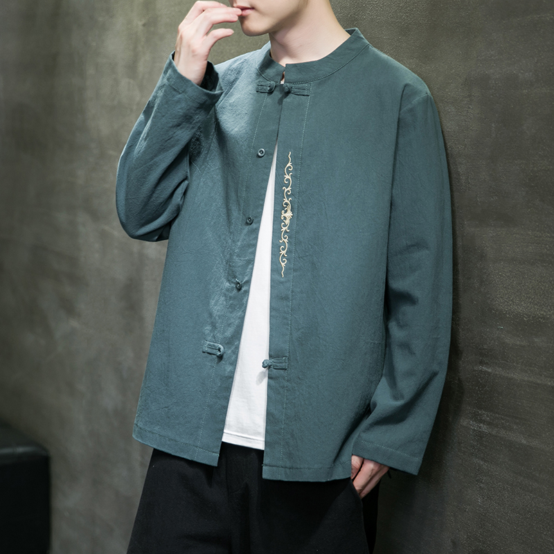 风新款春季宽松大码棉麻刺绣长袖ST018绿色-P65，男装卫衣，电商A011-1（原4007）