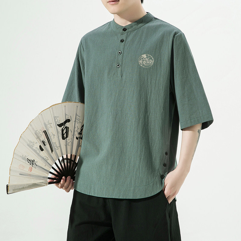 夏季风纯色休闲宽松大码绣花短袖ST011-P55-绿,男装T恤,电商A011-1（原4007）