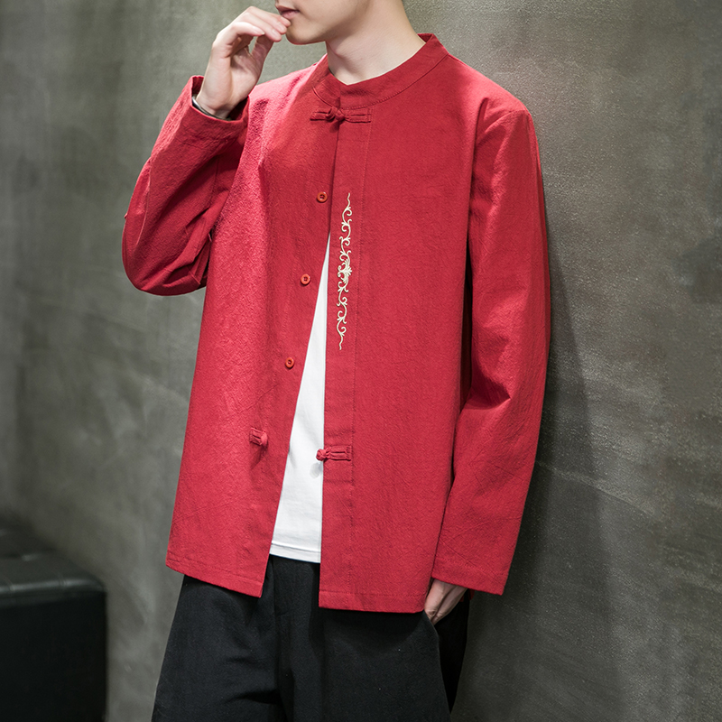 风新款秋季宽松大码棉麻刺绣长袖A011-1ST018红色-P65，男装卫衣，电商A011-1（原4007）