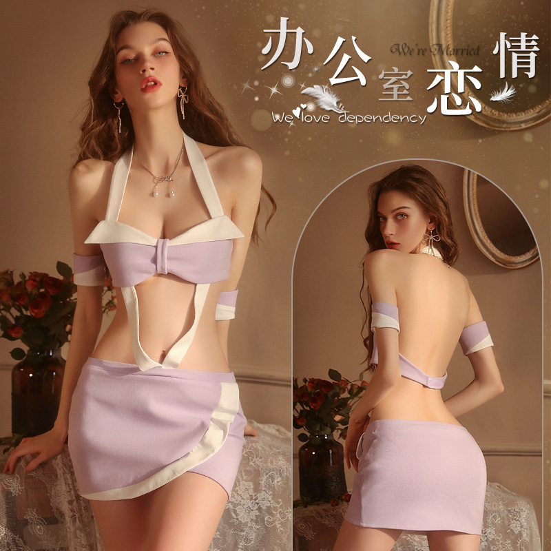 内衣挂脖蝴蝶结裹胸连体睡裙秘书制服套装睡衣可爱睡裙浪漫睡袍