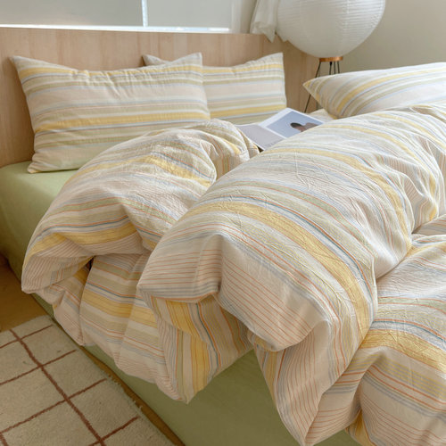 【A类全棉薄款水洗棉】纯棉色织水洗棉四件套被套床单床笠日式