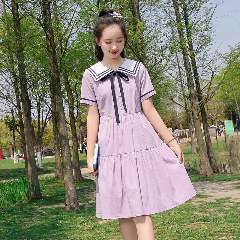 少女大童连衣裙夏季2024新款显瘦海军学院风高中女生初中学生裙子