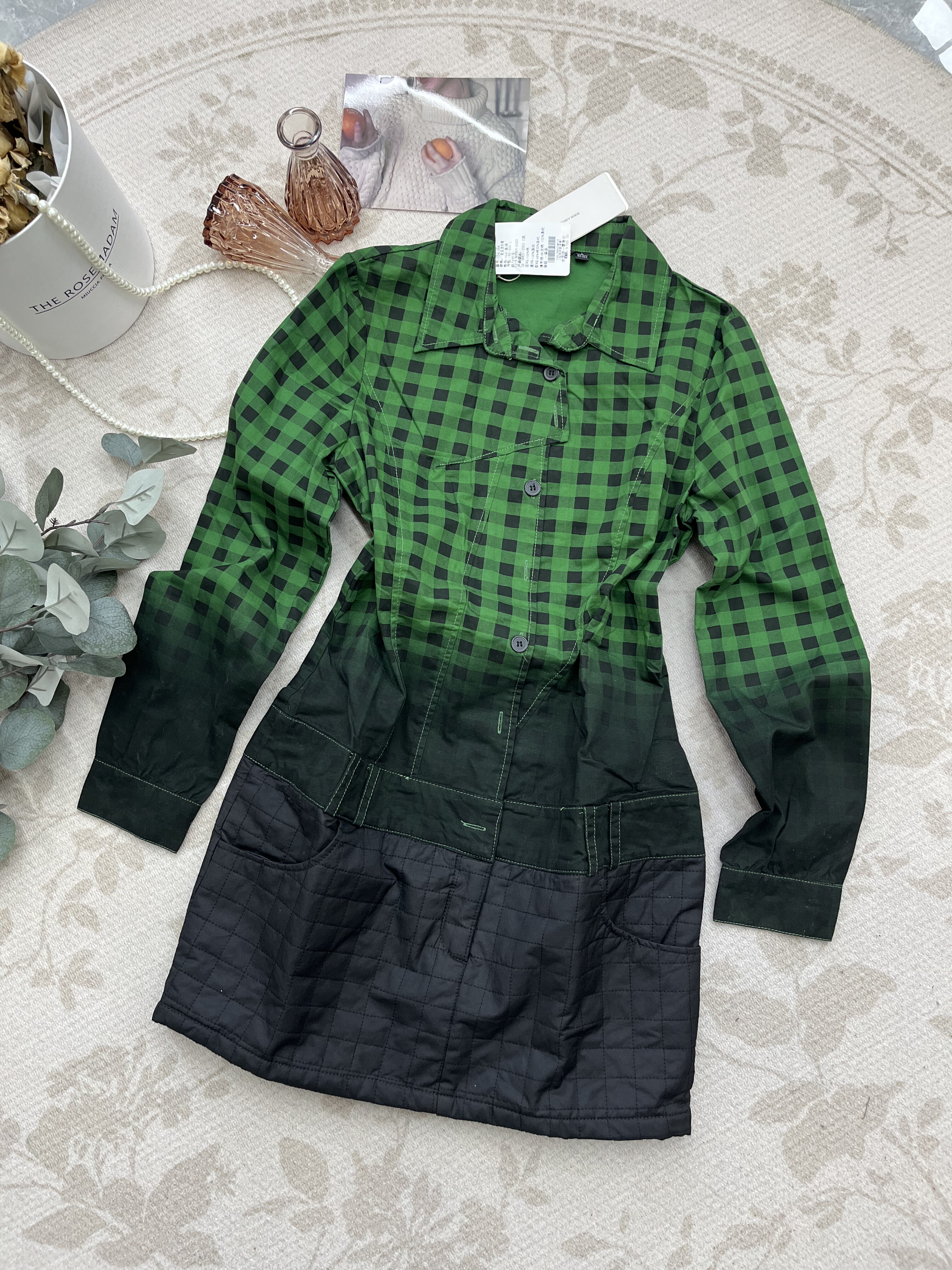 新款时尚百搭韩版拼接格纹中长款显瘦衬衫裙女