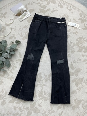 破洞牛仔喇叭裤女高腰显瘦微喇长裤休闲潮流水洗牛仔裤微弹