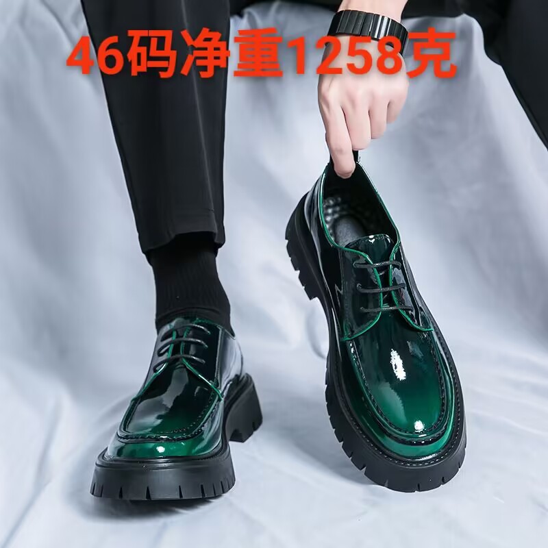 【商场同款】2026新款男士大头皮鞋厚底系带漆皮亮面休闲粗跟乐福
