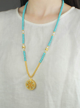 民族风仿绿松石沙金串珠项链女新中式复古小众高级感毛衣链配饰品