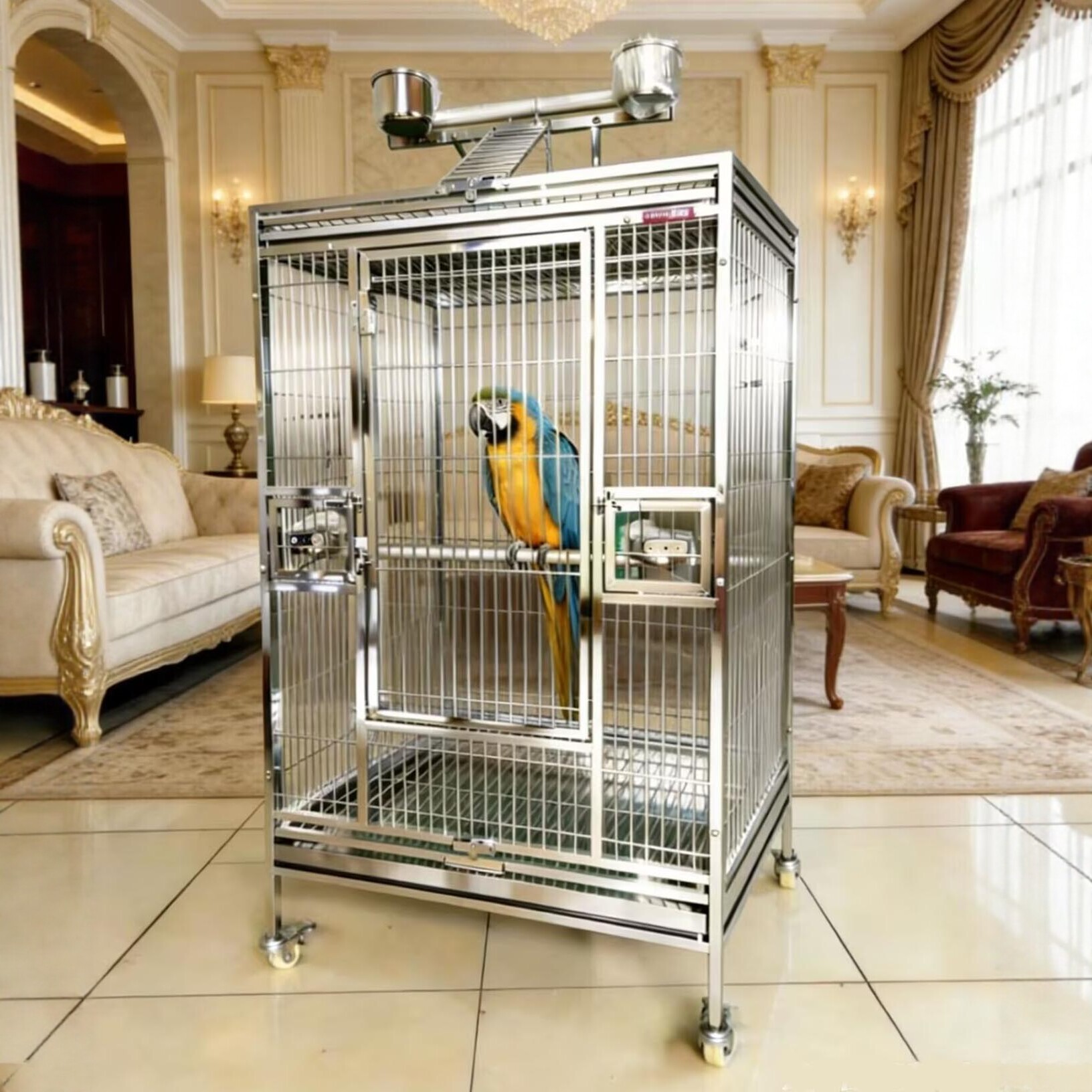 HOKAPET出口304不锈钢中大型鹦鹉笼豪华鸟笼繁殖门游戏台磨脚站杠
