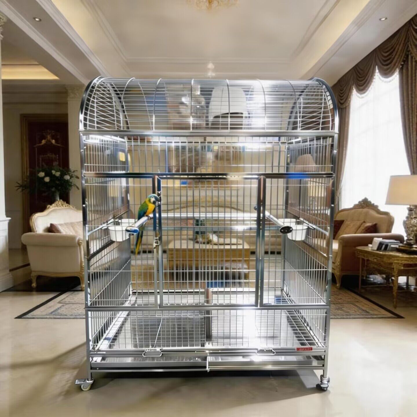 HOKAPET出口304不锈钢中大型鹦鹉笼欧式豪华大鸟笼磨脚站杠陶瓷盆