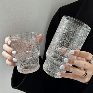 ins可叠玻璃杯系列大容量复古浮雕杯美式咖啡杯玻璃吸管杯叠叠杯