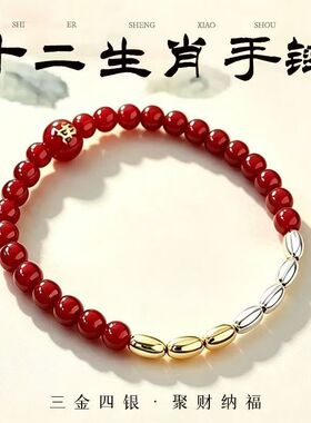 十二生肖朱砂手链本命年红绳手串女招财纳福七粒米珠手串