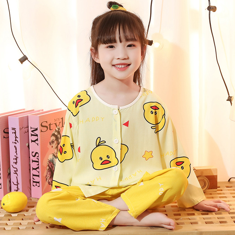 儿童棉绸睡衣夏男女薄中长袖开衫