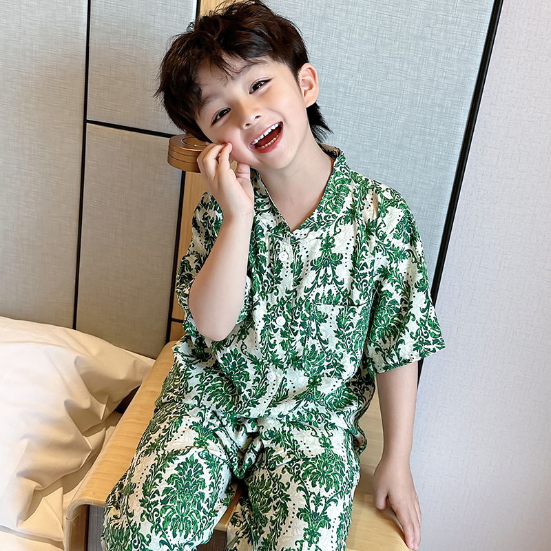 亲子儿童睡衣短袖一家三口四口夏季棉绸薄男女童可外穿家居服套装