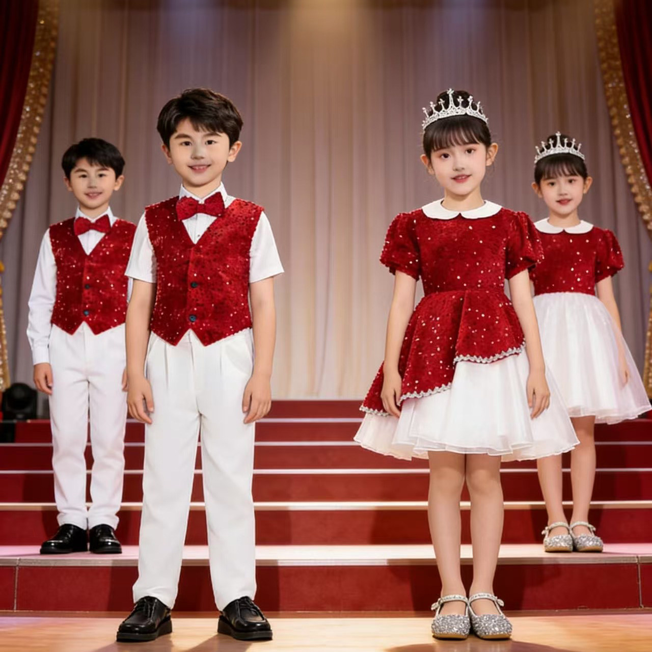 六一儿童红色合唱演出服男女童亮片礼服小学生朗诵表演服装蓬蓬裙