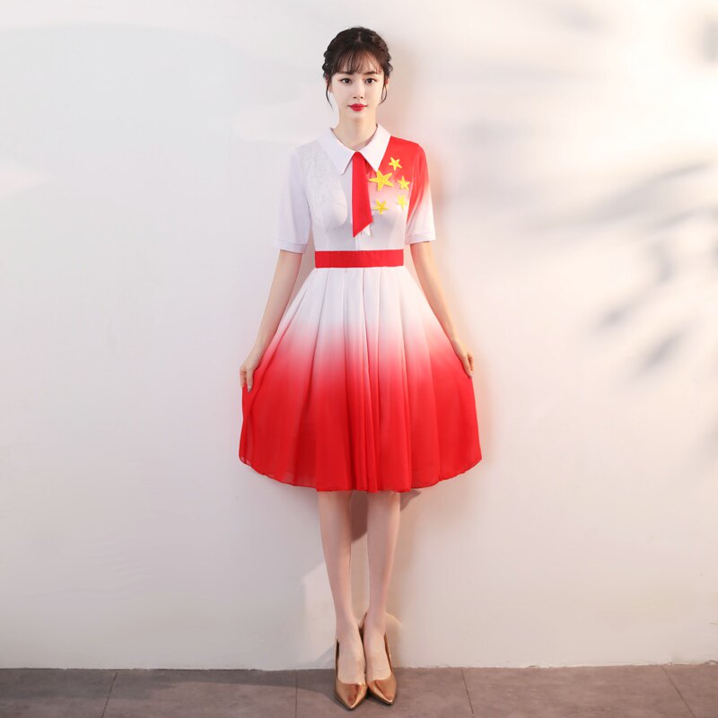 红歌大合唱团演出服女连衣裙我和我的祖国舞蹈服装中学生诗歌朗诵