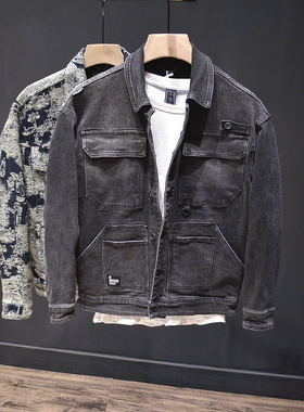 高品质水洗弹力长袖日系潮牌多口袋工装牛仔夹克男士宽松外套休闲