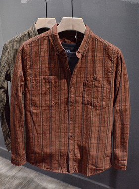 时尚潮牌英伦复古男士纯棉休闲衬衫青年百搭格子长袖韩版口袋衬衣