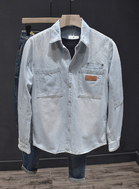 日系复古潮牌拼接长袖外套男士浅蓝工装牛仔衬衫个性时尚上衣ins