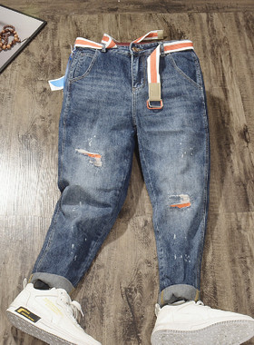 日系复古时尚潮宽松牛仔裤男弹力破洞泼墨哈伦裤休闲耐磨长裤小脚