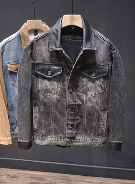 皮质翻领时尚黑灰色重磅牛仔外套男高品质复古潮牌宽松夹克水洗男