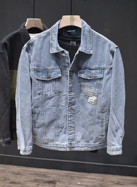 刺绣牛仔外套男式百搭合体修身夹克时尚韩版潮牌长袖复古水洗衣服