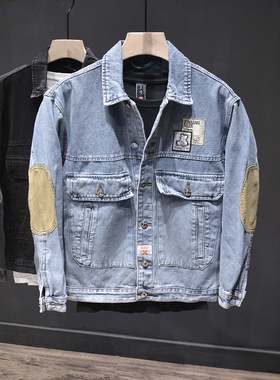 春秋季牛仔外套男韩版潮流工装男式牛仔夹克宽松拼接ins日系长袖