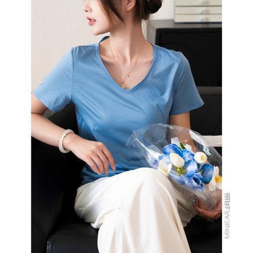 棉桑蚕丝U领短袖宽松薄款日常女