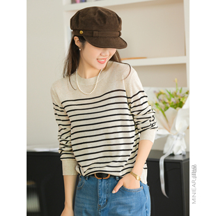 撞色半条纹圆领针织T恤 萣染色织条纹 小耳出品 莱赛尔亚麻混纺