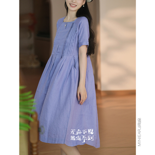 无麻不夏篙定系列 小耳出品 盐缩工艺进口亚麻方领风琴褶连衣裙