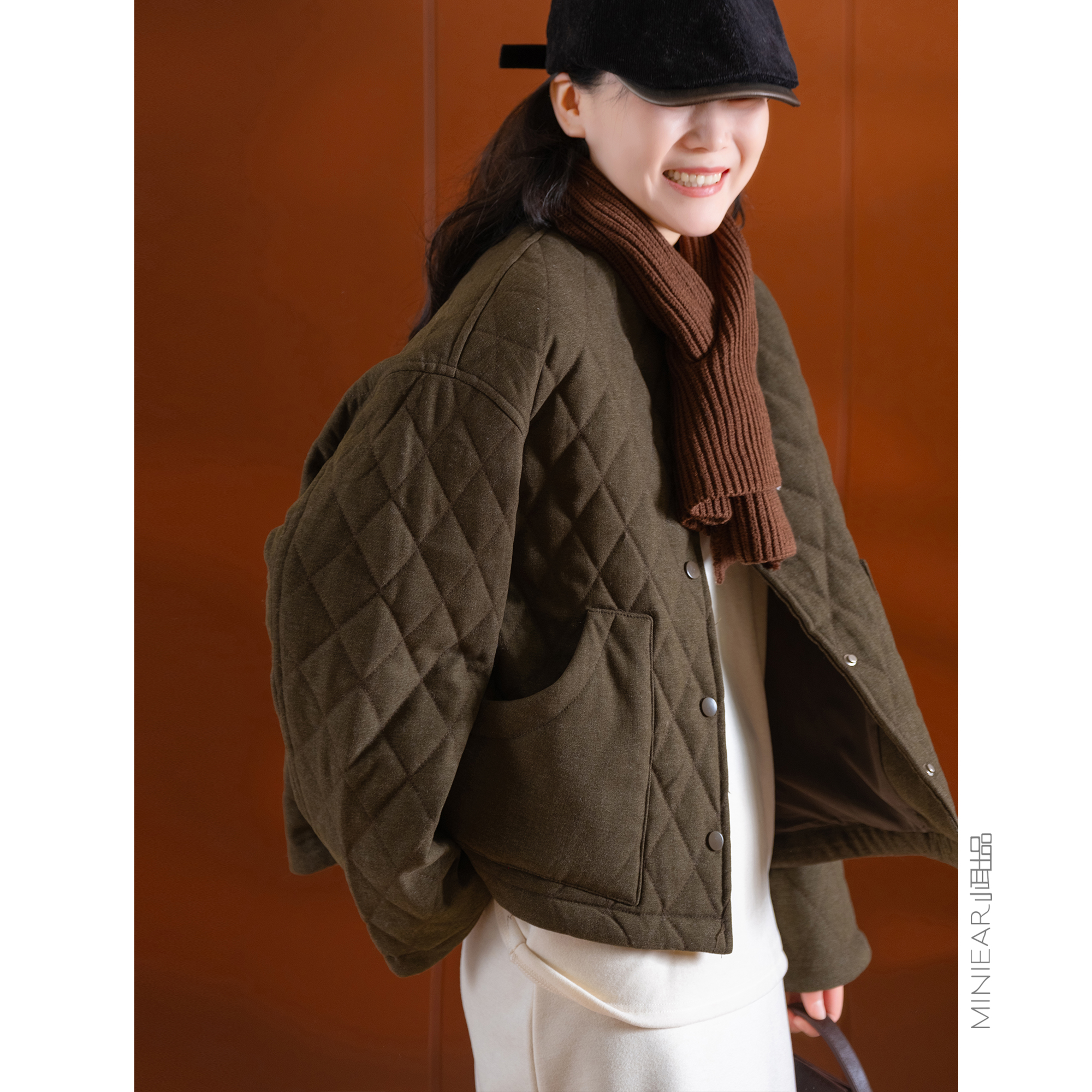 小耳出品菱格棉服保暖外套有围巾