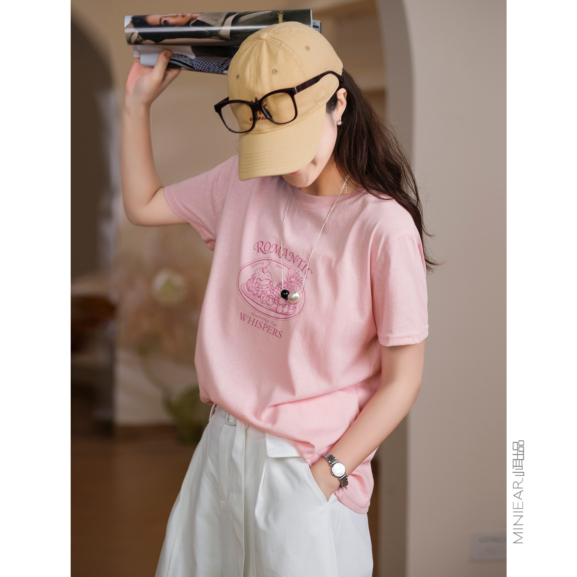 小耳出品 篙支精梳棉/美式复古印花/双车线 微弹圆领套头T恤女
